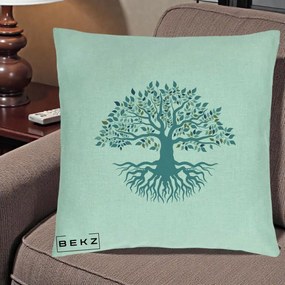 Perna Decorativa Copacul Vietii Teal cu Radacini, 40x40 cm, Verde Menta, Husa Detasabila, Perna Inclusa, BEKZ®