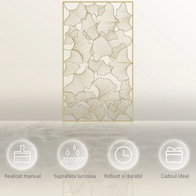 HOMCOM Decor de perete metalic 3D, decoratiune de perete aurie cu cadru dreptunghiular si frunze de ginkgo, 50 x 85 cm | AOSOM RO