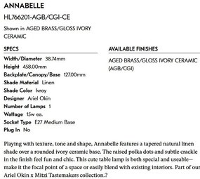 Veioza LUX, Ceramica Ivory, Tesatura In, ANNABELLE
