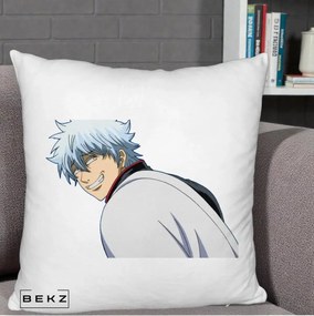 Perna Personalizata Gintama Gintoki Portret cu Zambet, 40x40 cm, Alb Pufos, Husa Detasabila, Perna Inclusa, BEKZ®