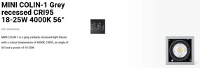Spot LED incastrabil MINI COLIN-1 Grey recessed CRI95 18-25W 4000K 56°