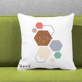 Perna Decorativa Geometric Hexagoane Multicolor, 40x40 cm, Alba Mata, Husa Detasabila, Perna Inclusa, BEKZ®