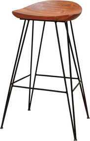 Scaun de bar din lemn de acacia și metal, maro, în stil industrial, cu șezut scobit și picioare tip ac de păr, 80 x 46 x 40 cm, „Mauru”