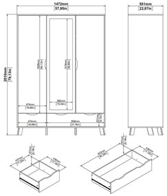 Șifonier alb-în culoare naturală cu aspect de lemn de stejar cu oglindă 147x201x58 cm Ikast – Tvilum