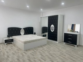 Dormitor Viena, culoare alb / negru, cu pat tapitat 160 x 200 cm, dulap cu 2 usi, comoda cu oglinda, 2 noptiere si saltea