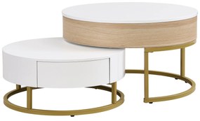 Set de Măsuțe de Cafea Suprapozabile Reglabile pe Înălțime cu Două Sertare, Design Elegant din MDF, 70x70x42/56,5 + 60x60x24 cm, Alb