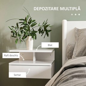 HOMCOM Set de 2 Noptiere Suspendate cu Raft Superior, Design Modern, Lemn, Alb Lucios, 35x32x22.5cm | Aosom Romania