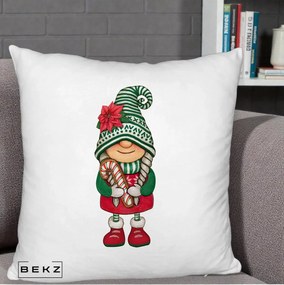 Perna Decorativa Gnom Craciun Verde cu Bomboane si Floare, 40x40 cm, Alb Pufos, Husa Detasabila, Perna Inclusa, BEKZ®