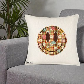 Perna Decorativa Smiley Face de Toamna cu Tartan si Dovlecei, 40x40 cm, Crem Reliefat, Husa Detasabila, Perna Inclusa, BEKZ®
