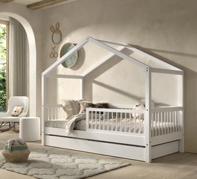 Set Mobilier Camera Copii Forrest Beech, Pat Căsuță 90x200 cm, Sertar Pat și Barieră Suplimentară, din Lemn Masiv de Fag, Alb – Vipack