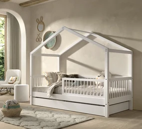 Set Mobilier Camera Copii Forrest Beech, Pat Căsuță 90x200 cm, Sertar Pat și Barieră Suplimentară, din Lemn Masiv de Fag, Alb – Vipack