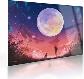 Tablou pe sticlă - Femeie și câine pe lună plină (70x50 cm)