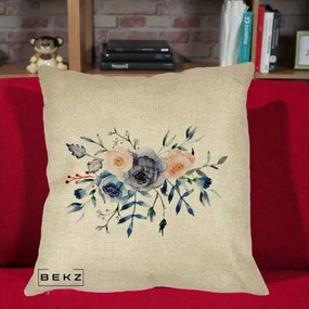 Perna Decorativa Buchet Flori Albastre Acuarela, 40x40 cm, Crem, Husa Detasabila, Perna Inclusa, BEKZ®