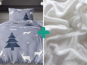 Lenjerie de pat flanel DEER AND TREE gri + cearceaf microplus SOFT 90x200 cm alb