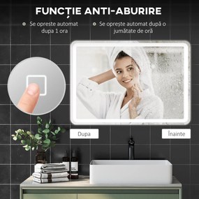 kleankin Oglinda pentru Baie cu Lumini LED, 70x50 cm, Argintiu | Aosom Romania