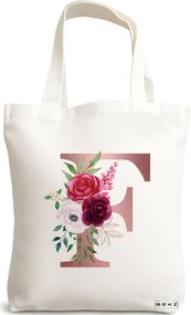 Sacosa de Panza pentru Cumparaturi, Geanta Tote, Cu litera F Rose Gold si Trandafiri, 38x34.5 cm, Alba, BEKZ®
