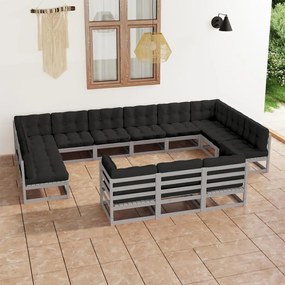 3077286 vidaXL Set mobilier grădină cu perne, 13 piese, gri, lemn masiv de pin