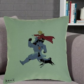 Perna Personalizata Fullmetal Alchemist Edward si Alphonse, 40x40 cm, Verde, Husa Detasabila, Perna Inclusa, BEKZ®