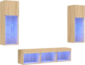 vidaXL Unități de perete TV cu LED-uri, 5 piese, stejar sonoma, lemn