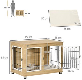 PawHut Cușcă pentru Câini de Talie Medie și Mare cu 2 Uși Blocabile și Pernă Lavabilă, 90x58x65 cm, Stejar | Aosom Romania