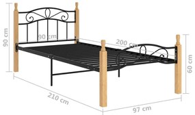 Cadru de pat, negru, 90x200 cm, metal si lemn masiv de stejar Maro deschis, 90 x 200 cm