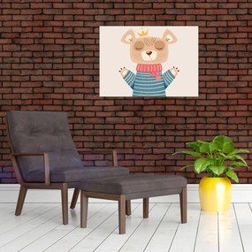 Tablou pe sticlă - Bej ursuleț de pluș cu coroană (70x50 cm)