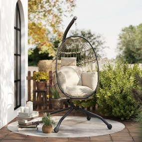 Outsunny Fotoliu Suspendat Tip Ou cu Lanț Reglabil, 2 Perne Detașabile și Suport pentru Pahare, Scaun Balansoar Pliabil pentru Grădină, Bază în X din Oțel, pentru Interior și Exterior, 120x88x192 cm, Bej | Aosom Romania