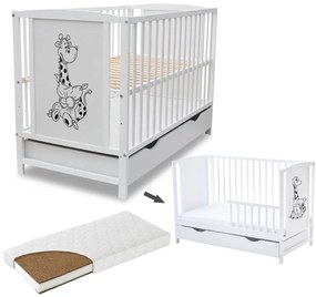 Patut din lemn masiv 120x60 cm Bria alb cu sertar si saltea cocos LUX 120x60x9 cm, include bariera, reglabil pe 3 nivele, certificat EN71