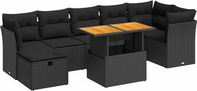 vidaXL Set mobilier grădină perne 8 piese negru, poliratan/lemn acacia