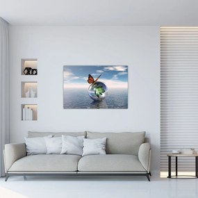 Tablou cu fluture pe bilă din sticlă (90x60 cm)