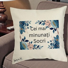 Cadou pentru Socri - Perna Personalizata Cei mai Minunati Socri cu Flori Albastre si Roz, 40x40 cm, Ecru, Husa Detasabila, Perna Inclusa, BEKZ®