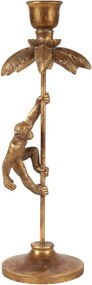 Sfeșnic din polirășină, auriu, cu maimuță pe trunchi de palmier, pentru lumânare lungă, finisaj antichizat, 31 x 12 x 11 cm, „Coco”