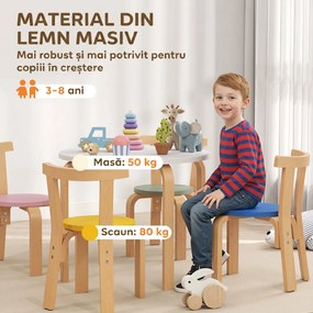 AIYAPLAY Set Masă și Scaune pentru Copii 3-8 Ani, 5 Piese cu Margini Rotunjite din Lemn Multicolor | Aosom Romania