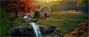 Tablou cu căbănuță în peisaj de poveste (120x50 cm)