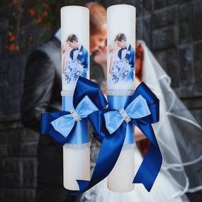 Set 2 Lumanari nunta decorate cu albastru W17 4,5 cm, 40 cm