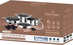 Set de oale Swiss Haus SH-ZG1012, 12 piese, Acoperire ceramica Sapphire, Cuptor pana la 260°C, Inductie, Argintiu