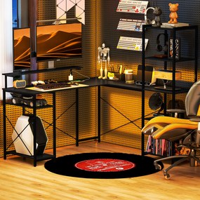 HOMCOM Birou în formă de L cu Stație de Încărcare, Birou de colț pentru calculator cu Suport pentru Monitor și Rafturi, pentru biroul acasă, birou, Negru | Aosom Romania