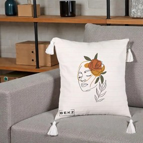 Perna Decorativa Portret Feminin Trandafir Ruginiu, 40x40 cm, Bej cu Franjuri, Husa Detasabila, Perna Inclusa, BEKZ®