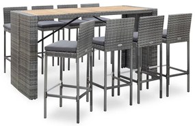 49567 vidaXL Set mobilier bar exterior 9 piese gri poliratan și lemn acacia