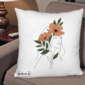 Perna Decorativa Portret Feminin Doua Maci Terracotta, 40x40 cm, Alb Pufos, Husa Detasabila, Perna Inclusa, BEKZ®