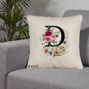 Cadou Personalizat - Perna Personalizata Monogram Litera D cu Flori Acuarela, 40x40 cm, Bej Canapea, Husa Detasabila, Perna Inclusa, BEKZ®