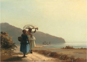 Tablou pe sticlă - Camille Pissarro, Two Women Chatting by the Sea, St. Thomas, reproducere (70x50 cm)