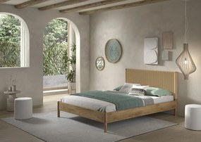 Pat dublu OLIVE, 160 x 200 cm, cu tăblie din lemn cu aspect de stejar și detalii din sfoară împletită, design modern, fără somieră inclusă, cu