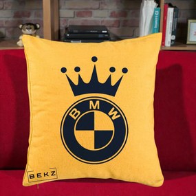 Perna Personalizata cu emblema BMW si Coroana, 40x40 cm, Galben, Husa Detasabila, Perna Inclusa, BEKZ®