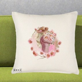 Perna Decorativa Femeie cu Flori Roz Acuarela, 40x40 cm, Crem Reliefat, Husa Detasabila, Perna Inclusa, BEKZ®