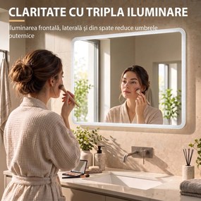 HOMCOM Oglindă de Baie cu LED 60x80 cm, 3 Culori de Lumină, Intensitate Reglabilă, Antiaburire, Comandă Tactilă, Memorie | Aosom Romania