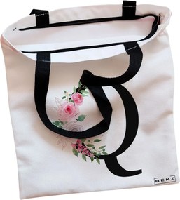 Sacosa de Panza pentru Cumparaturi, Geanta Tote, Cu litera Q si Trandafiri, Cu fermoar, 38x34.5 cm, Alba, BEKZ®