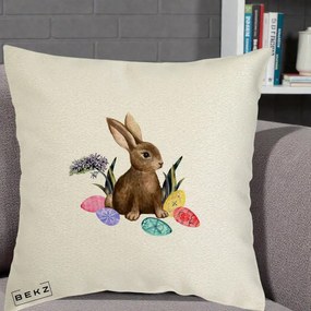 Perna Decorativa Iepuras cu Oua de Pasti Acuarela, 40x40 cm, Ecru, Husa Detasabila, Perna Inclusa, BEKZ®