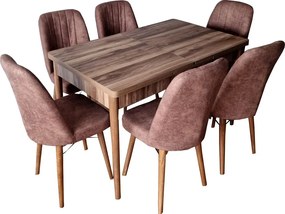 Set masa extensibila din MDF HouseXL® Wooden Luxury cu 6 scaune moi captusite , 80X130 pliata, 80X170 extinsa, pentru living si bucatarie, Nuc Natur