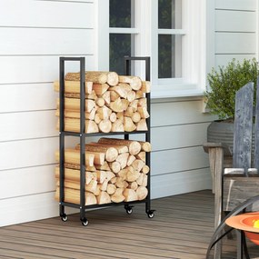 Outsunny Suport pentru Lemne de Foc Exterior și Interior din Oțel pe Două Nivele și cu Roți Negru | Aosom Romania
